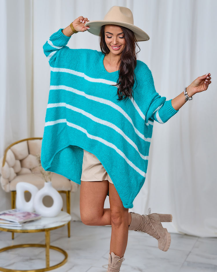 Royalfashion Tyrkysový dlouhý pruhovaný dámský svetr