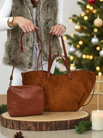 Dámská shopper kabelka z eko semiše s menší eko koženou kabelkou v sadě 2v1 Elinea