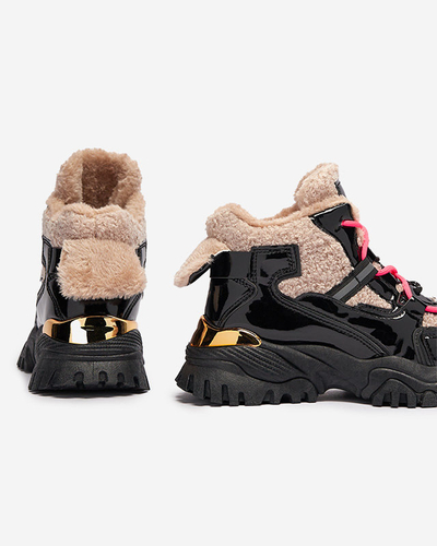 Černá dámská sportovní obuv s kožíškem a neonově růžovými tkaničkami Adbo- Obuv