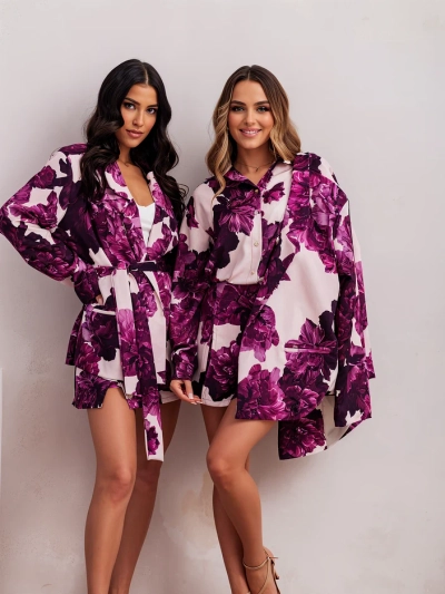Royalfashion Dámský květinový set s uvázaným sakem a krátkými kalhotami