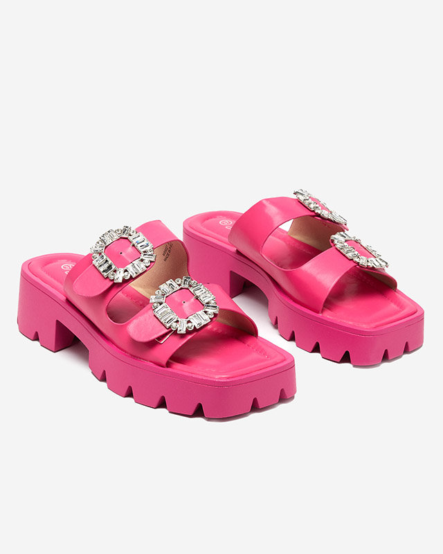 Tmavě růžové dámské pantofle se zirkonovými ozdobami Sadoh- Footwear