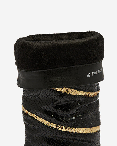 Černo-zlaté dámské kozačky na jehlovém podpatku s reliéfními proužky Felifea- Obuv