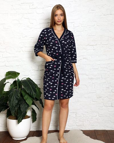 Námořnicky modrý dámský bavlněný župan se srdíčky - Oblečení