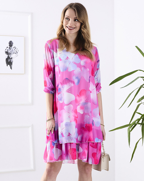 Сукня жіноча до коліна кольору фуксії з принтом і воланом - Одяг