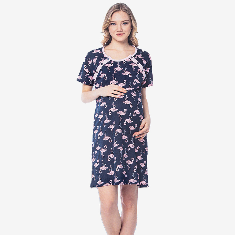 Tmavě modrá těhotenská košile s plameňáky - Oblečení