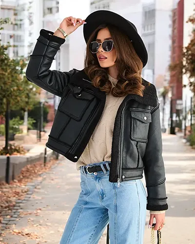 Dámská kožená bunda Royalfashion s kožešinou v černé barvě