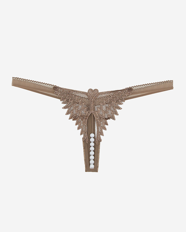 Dámská hnědá tanga s krajkou a korálky - Spodní prádlo
