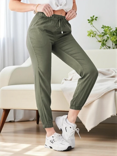 Kalhoty Raffaello Khaki Dlouhé Z Tkaniny Lyocell