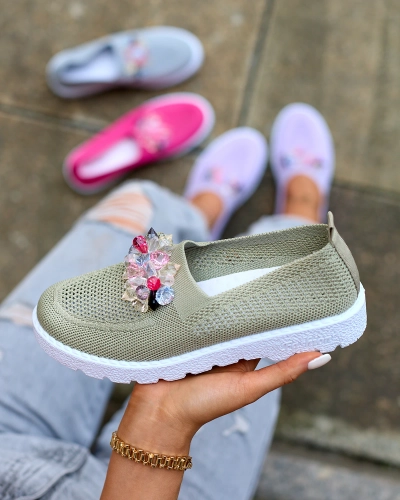 Royalfashion Khaki dámské látkové mokasíny s krystaly Fezens
