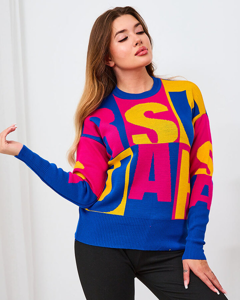 Royalfashion Hnědo-modrý dámský svetr s písmeny