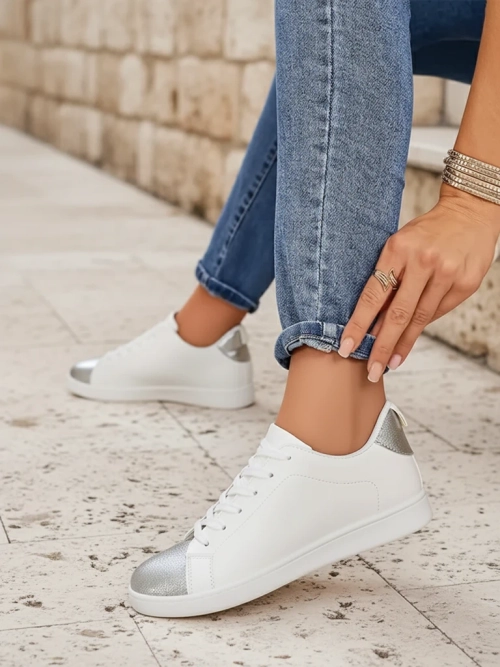 Жіночі снікерси Royalfashion Calista срібно-білі стильні еко шкіра