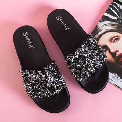 OUTLET Černé dámské pantofle na platformě s kubickou zirkonií Lomine - Obuv