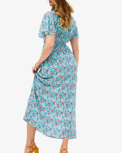 Květinově modré dámské midi šaty s obálkovým výstřihem - Oblečení