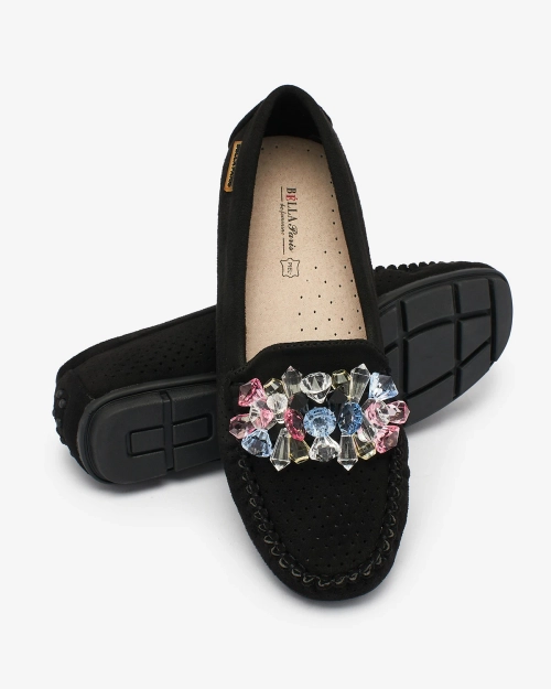 Royalfashion Ажурні чорні жіночі мокасини з декоративними кристалами Cizzas