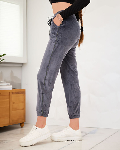 Royalfashion Šedé velurové dámské tepláky se zirkony