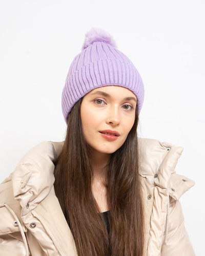 Фіолетова жіноча утеплена шапка з помпоном Royalfashion