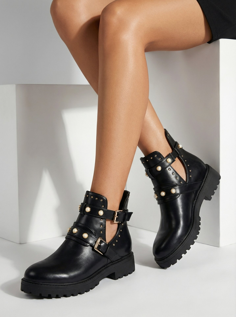 Royalfashion Černé dámské zdobené boty na podpatku Pearl Elegance