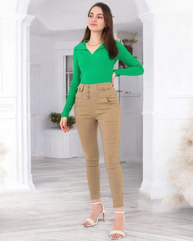 Dámské béžové treginy s knoflíky - Oblečení