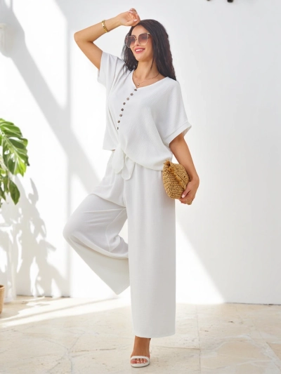 Royalfashion Жіночий Casual набір з блузою з коротким рукавом та широкими штанами