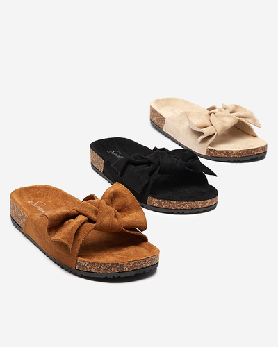 Жіночі еко-замшеві тапочки з бантом верблюжого кольору Dofro- Footwear