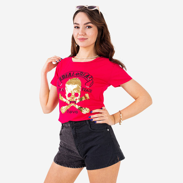 Fuchsiové dámské flitrové tričko s nápisy - Oblečení