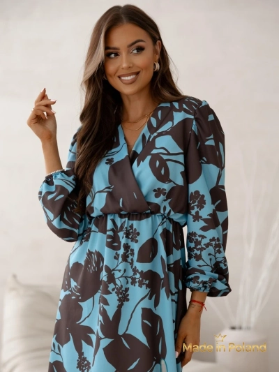 Šaty Afrodyta Blu Oceano – modré midi, dlouhé rukávy, klasický styl