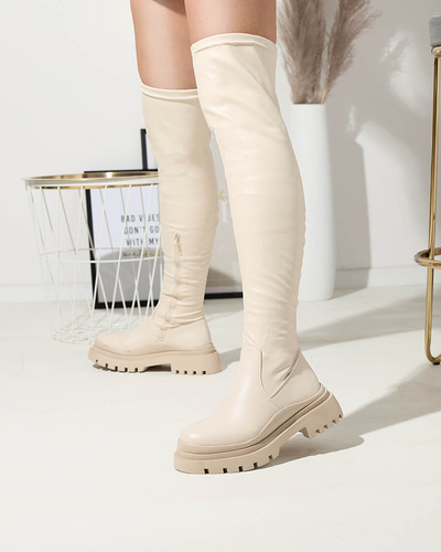 OUTLET Béžové dámské kozačky nad kolena na silnější podrážce Amerima- Obuv