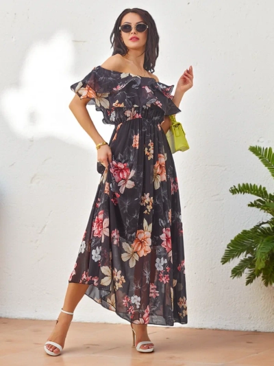 Royalfashion Жіноча сукня з відкритими плечима та коротким рукавом у різних квіткових візерунках