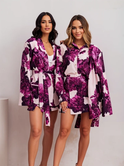 Royalfashion Dámský květinový set s uvázaným sakem a krátkými kalhotami