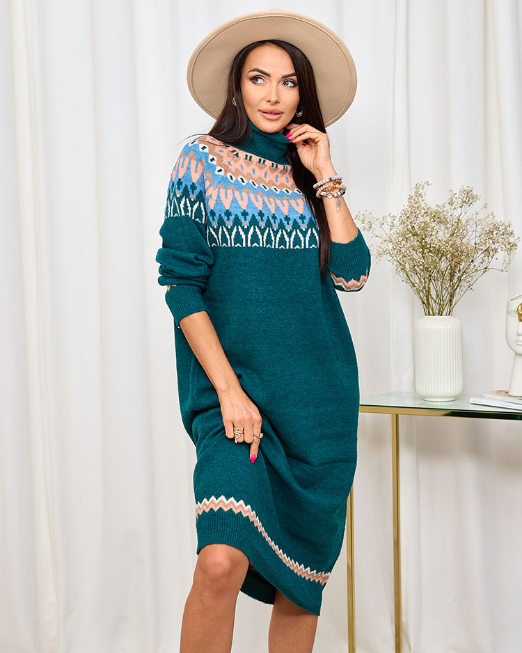 Royalfashion Tmavě zelené dámské svetrové šaty s rolákem a potiskem