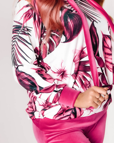 Fuchsiová dámská květovaná velurová tepláková souprava - Oblečení