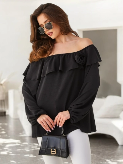 Royalfashion Dámská blůza bez ramínek s volánem a květinou