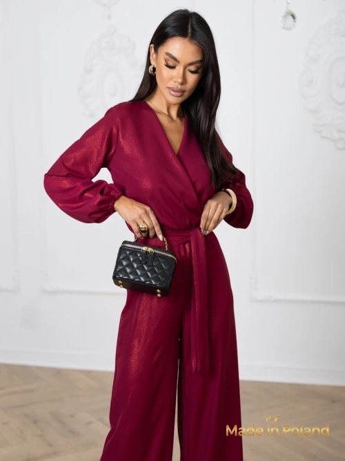 Жіночий комбінезон 'Valentina' бордовий з довгим рукавом та широкими штанинами