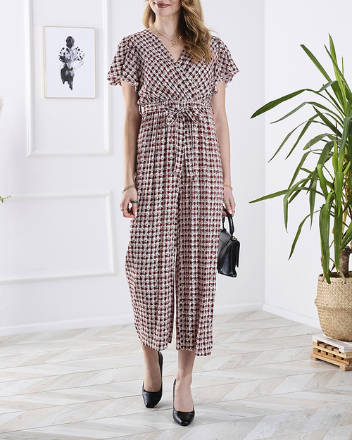 Візерунчастий довгий жіночий комбінезон на зав'язках червоного кольору - Одяг