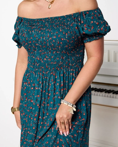 Бірюзова жіноча квітчаста сукня міді - Одяг