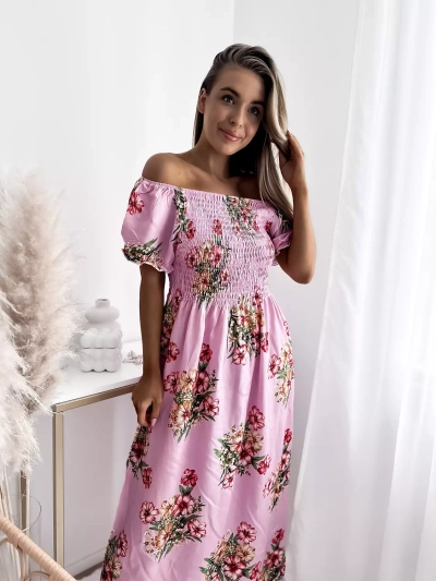 Dámské růžové midi šaty s květinovým vzorem - Oblečení