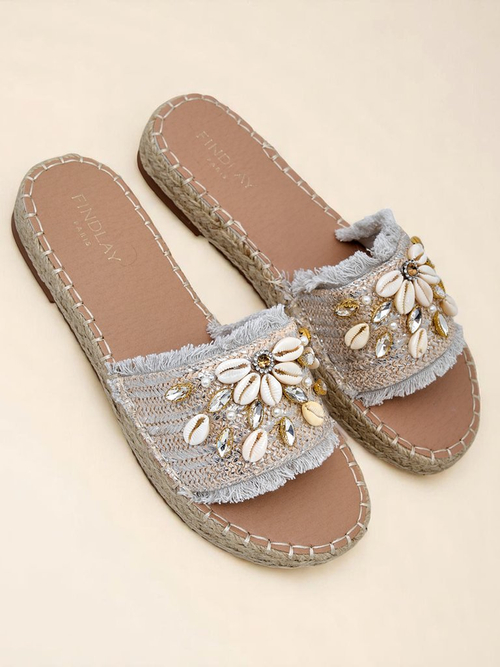 Жіночі сандалі Perseida Royalfashion срібні з мушлями на плоскій підошві