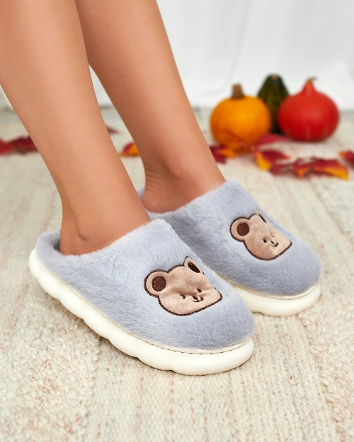 Сині жіночі хутряні капці Royalfashion з ведмедиком Hettres