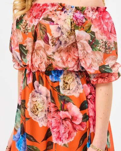 Oranžové dámské dlouhé šaty s květinovou podšívkou - Oblečení