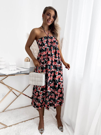 Černé dámské midi šaty s květinovým potiskem - Oblečení
