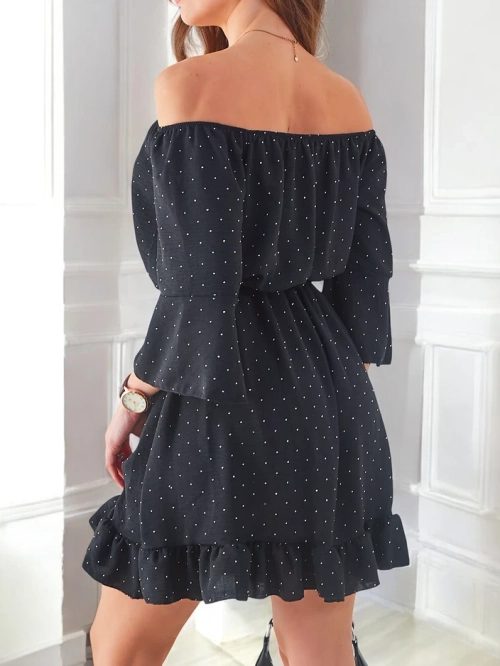 Royalfashion Жіноча міні-сукня з відкритими плечима, з довгими рукавами та стразами