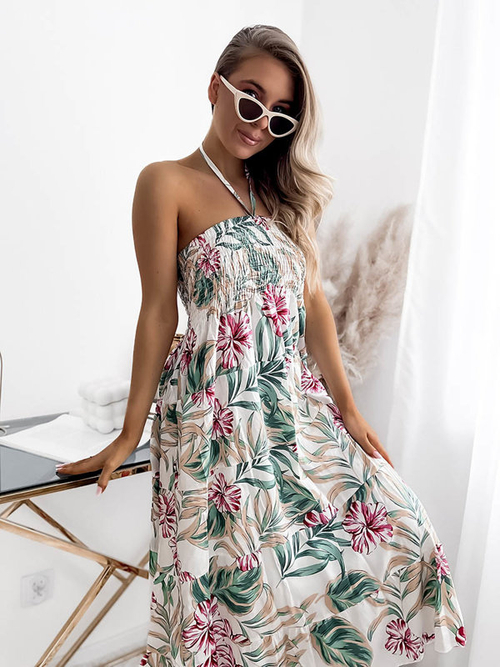 Біла жіноча сукня міді з квітковим візерунком - Одяг