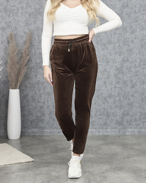 Жіночі велюрові спортивні штани коричневого кольору PLUS SIZE- Одяг