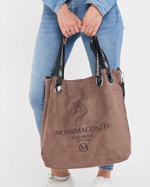 Cумка-шоппер коричневого кольору з принтом та написами