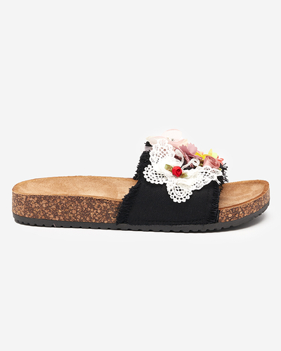 Dámské pantofle s látkovými květy v černé barvě Ososi- Footwear