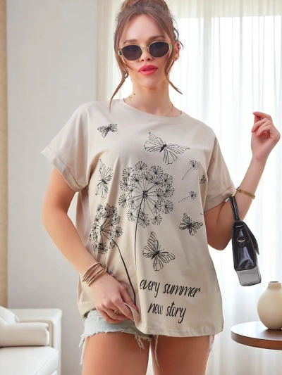 Royalfashion Жіноча бавовняна футболка з кульбабами та метеликом