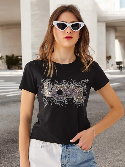 Royalfashion бавовняна жіноча футболка LOVE з стразами