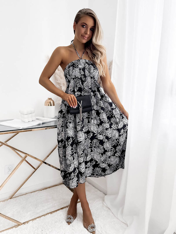 Dámské midi šaty s květinovým motivem v černobílé barvě PLUS SIZE - Oblečení