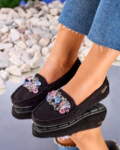 Royalfashion Ажурні чорні жіночі мокасини з декоративними кристалами Cizzas