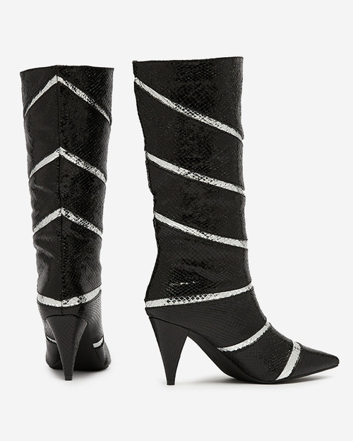 Чорно-сріблясті жіночі чоботи на шпильці з рельєфними смужками Felifea- Взуття